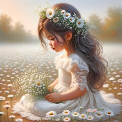 A young girl with a flower crown is sitting in a field of daisies, tenderly holding a bouquet of small white flowers