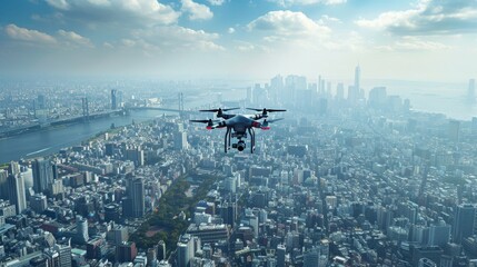A drone hovers above a vast urban cityscape, with a camera system engaged, monitoring the bustling metropolis from a bird's-eye view.