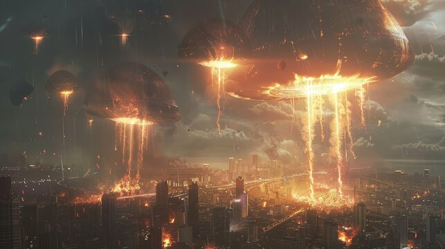 The image depicts a dramatic and fictional scene of an alien invasion, with massive UFOs attacking a modern cityscape under a stormy sky.