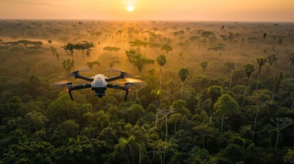 An unmanned aerial vehicle (UAV), commonly known as a drone, flies above the lush canopy of a tropical rainforest bathed in the golden light of sunrise. - obrazy, fototapety, plakaty