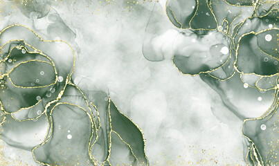 green alcohol ink and green watercolor Elegant abstract ink flow art mixed with golden pattern with translucent background.