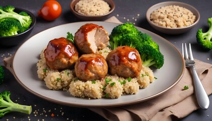 Baked meatballs of chicken fillet with garnish with quinoa and boiled broccoli.