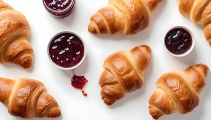 croissants with jam over white background. Top view, flat lay - obrazy, fototapety, plakaty