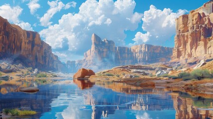 Spectacular canyon cliffs with dramatic reflections on a serene river under a cloud-filled blue sky. - obrazy, fototapety, plakaty