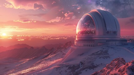 The sun sets, casting a pink glow over a snowy mountain top observatory, with the stars beginning to emerge in the deepening sky. - obrazy, fototapety, plakaty