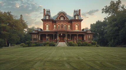 A meticulously cared for Victorian mansion stands with grandeur, surrounded by a lush green lawn and tranquil gardens as dusk settles.