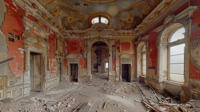 An abandoned building's interior reveals its past opulence, now marred by decay and ruin, with peeling paint and scattered debris.