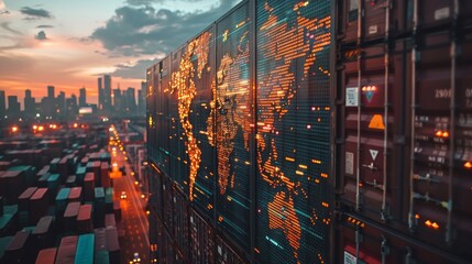 Shipping containers at a commercial port overlaid with a luminous map highlighting global trade routes and economic activity at twilight.