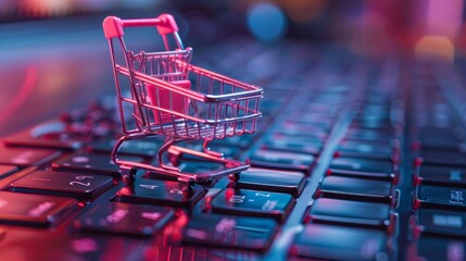A miniature shopping cart placed on a laptop keyboard, illustrating the concept of online shopping and e-commerce. - obrazy, fototapety, plakaty