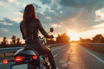 Back view of a biker woman riding into sunset
