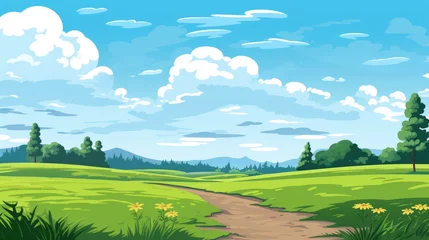 Stoff pro Meter Blue sky clouds sunny day wallpaper. Grass Field landscape with blue sky and white cloud. Cartoon illustration of a Grass Field with blue sky in Summer. green field in a day © jokerhitam289