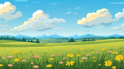 Deurstickers Blue sky clouds sunny day wallpaper. Grass Field landscape with blue sky and white cloud. Cartoon illustration of a Grass Field with blue sky in Summer. green field in a day © jokerhitam289