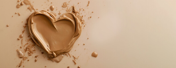 Light brown chocolate like cosmetic cream, smear on table in shape of heart - copy space at side....