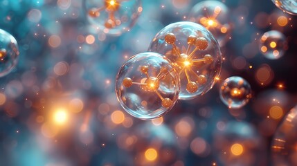 A breathtaking HD image of atoms suspended in the air, their transparent forms glowing softly as they interact in a delicate cosmic ballet - obrazy, fototapety, plakaty