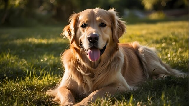 
Picture a scene of pure delight and warmth, set on a serene summer afternoon. In this idyllic setting, a majestic Golden Retriever basks in the golden rays of the sun, its luxurious coat shimmering l
