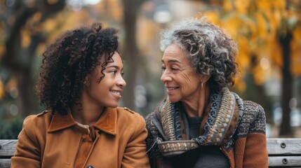 Grandmother with adult daughter having conversation on outdoor