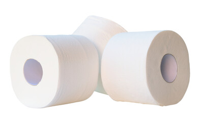 Front view of white tissue paper or toilet paper rolls in stack isolated with clipping path in png file format