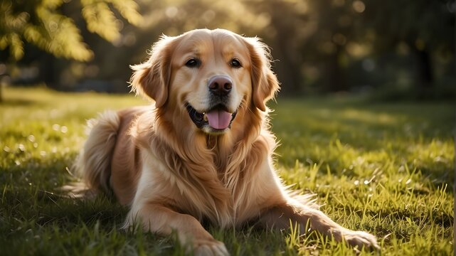 
Picture a scene of pure delight and warmth, set on a serene summer afternoon. In this idyllic setting, a majestic Golden Retriever basks in the golden rays of the sun, its luxurious coat shimmering l