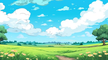 Obraz premium Blue sky clouds sunny day wallpaper. Grass Field landscape with blue sky and white cloud. Cartoon illustration of a Grass Field with blue sky in Summer. green field in a day