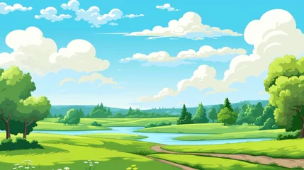 Fotobehang Grass Field landscape with blue sky and white cloud. Blue sky clouds sunny day wallpaper. Cartoon illustration of a Grass Field with blue sky in Summer. A mountain with Grass Field with blue sky. © jokerhitam289