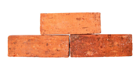 Front view of old cracked red or orange bricks in stack isolated with clipping path in png file format