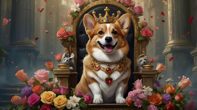The Corgi's loyal subjects, a diverse array of furry companions and feathered friends, gather around the throne in adoration and reverence. From playful pups to elegant felines and chirping birds, eac