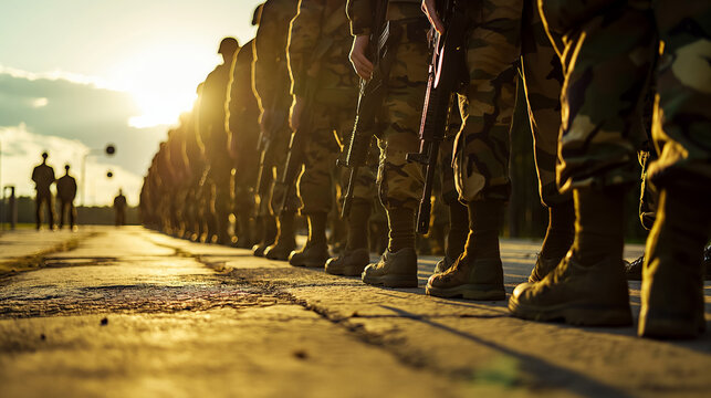 Soldiers in line at sunset, military uniform.