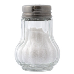 Sea salt in a glass salt shaker isolated in white. - 765782737