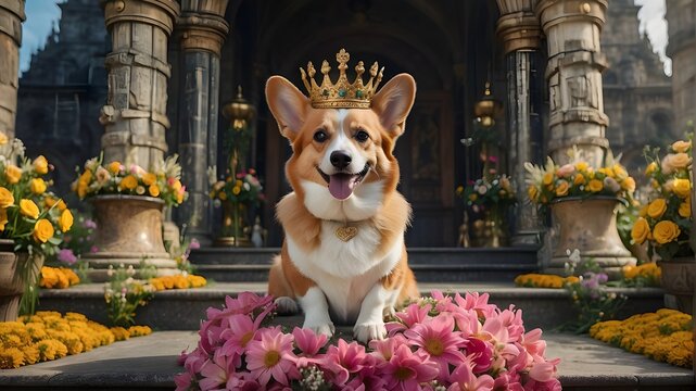 dog in the garden, 
In a realm where whimsy and royalty converge, picture a regal Corgi, adorned with a magnificent crown of flowers adorning its head, sitting majestically atop a throne crafted entir