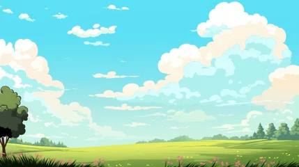 Foto auf Glas Blue sky clouds sunny day wallpaper. Grass Field landscape with blue sky and white cloud. Cartoon illustration of a Grass Field with blue sky in Summer. green field in a day © jokerhitam289