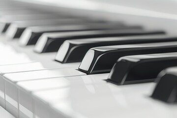 Close-up of piano keys with a focus on the smooth, black and white pattern.