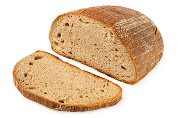 Half loaf of rye bread next to a slice of rye bread isolated on white.