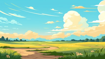 Obraz premium Blue sky clouds sunny day wallpaper. Cartoon illustration of a Grass Field with blue sky in Summer. Grass Field landscape with blue sky and white cloud. 
