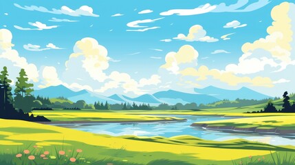 Fototapeta na wymiar Blue sky clouds sunny day wallpaper. Grass Field landscape with blue sky and white cloud. Cartoon illustration of a Grass Field with blue sky in Summer. green field in a day