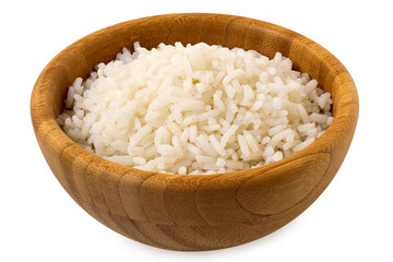 Cooked white rice in a dark wood bowl isolated on white. - 765783127