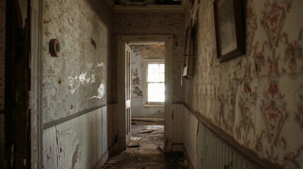 Fototapeta na wymiar old shabby hallway in an abandoned farmhouse