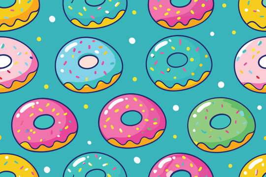 colorful donuts sprinkled with sugar seamless pattern Gift Wrap wallpaper background kawaii doodle flat cartoon vector illustration