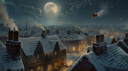 Santa's sleigh flies over snow-laden rooftops, depicting holiday cheer and magic - obrazy, fototapety, plakaty