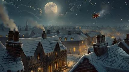 Fotobehang Santa's sleigh flies over snow-laden rooftops, depicting holiday cheer and magic © punniix
