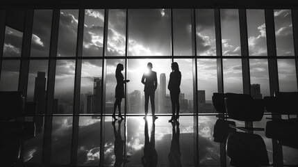 businessmen standing and talking to each other in an office with large windows, solving business issues - obrazy, fototapety, plakaty