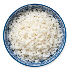 Cooked white rice in an asian white and blue ceramic bowl isolated on white from above. - 765783596