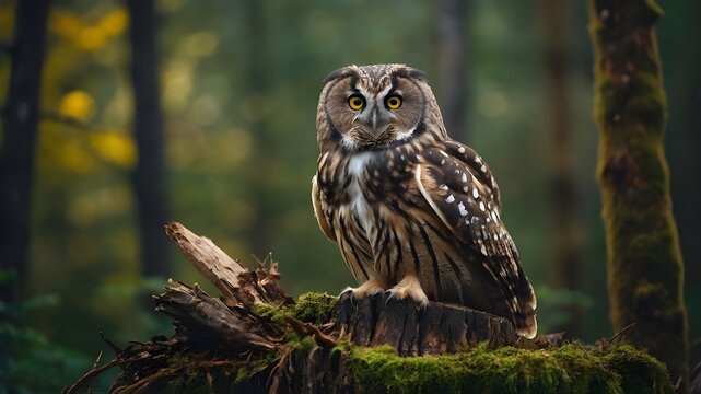 great horned owl on a branch. an owl sitting on top of a tree. Ai ganerated image