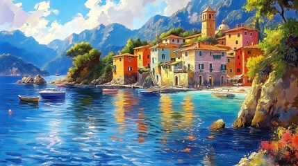 Oil painting of a small town on the Mediterranean Sea, mountains in the background, beautiful summer weather.