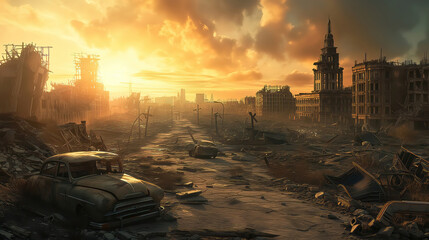 Post apocalyptic landscape with ruined city after nuclear war. - obrazy, fototapety, plakaty