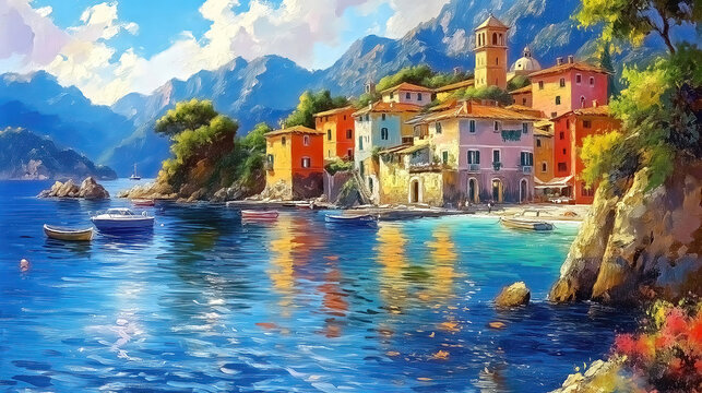 Oil painting of a small town on the Mediterranean Sea, mountains in the background, beautiful summer weather.