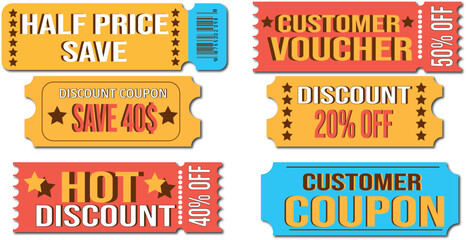 Various coupon promotion illustration set. coupon set, coupons, discount coupon,  Vector drawing. Hand drawn style. Retro design