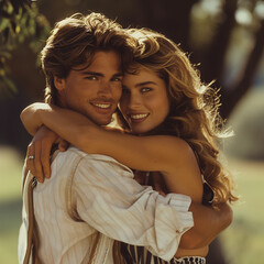 90's style portrait of an attractive couple hugging each other