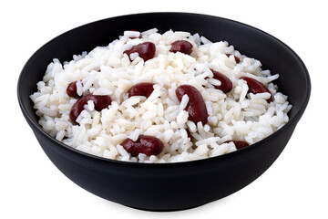 Cooked white rice with red kidney beans in a black ceramic bowl isolated on white.