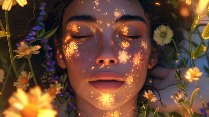 face of a woman with dancing fairy lights her face ful of calm