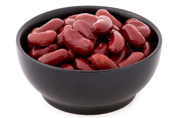Cooked red kidney beans in a black ceramic bowl isolated on white. - 765784395